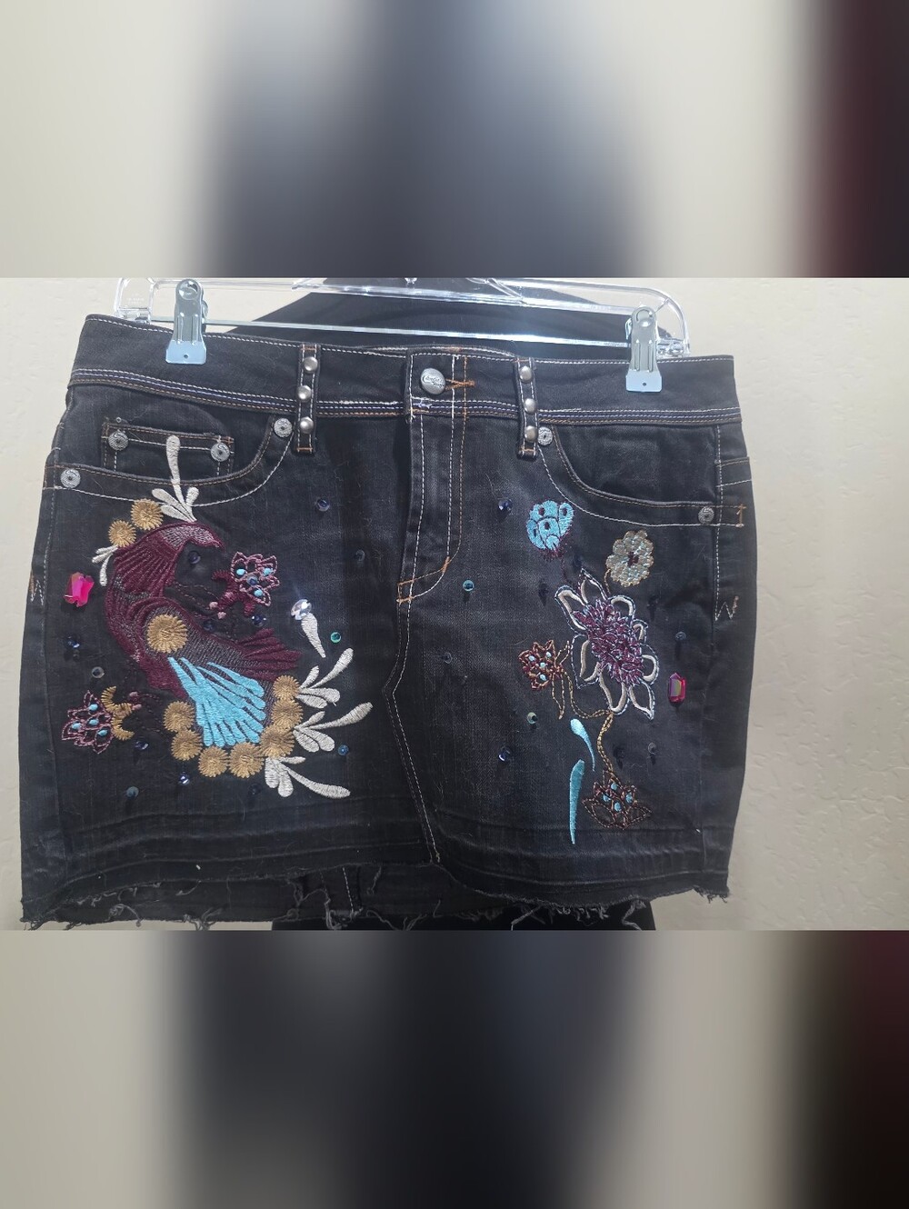 Y2K Candies Black Denim Low Rise Peacock Embroidered Sequin Mini Skirt 11